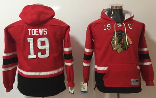 Blackhawks #19 Jonathan Toews Red Youth Name & Number Pullover NHL Hoodie - Click Image to Close